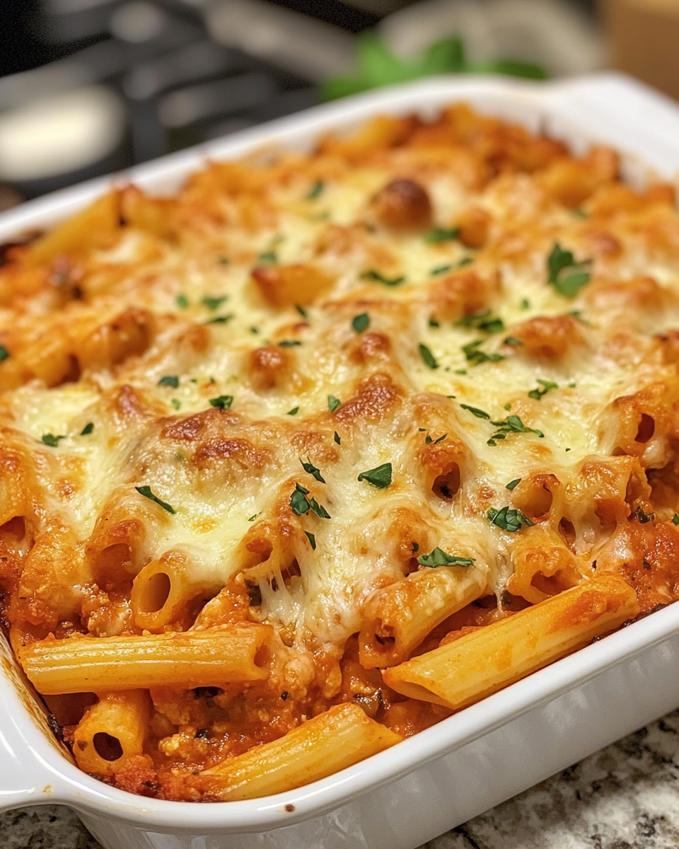 Baked ziti served on a plate