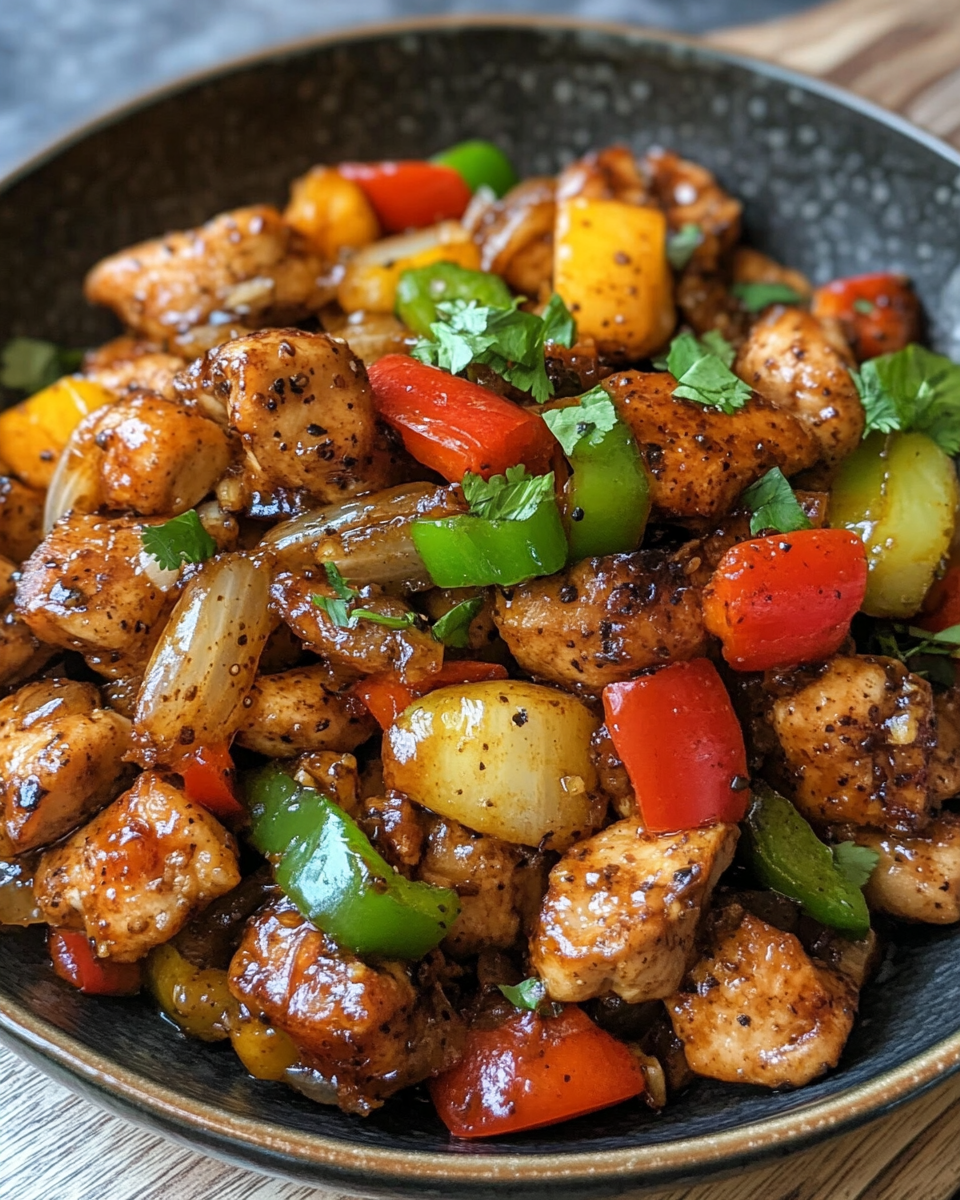 Serving of black pepper chicken topped with green onions