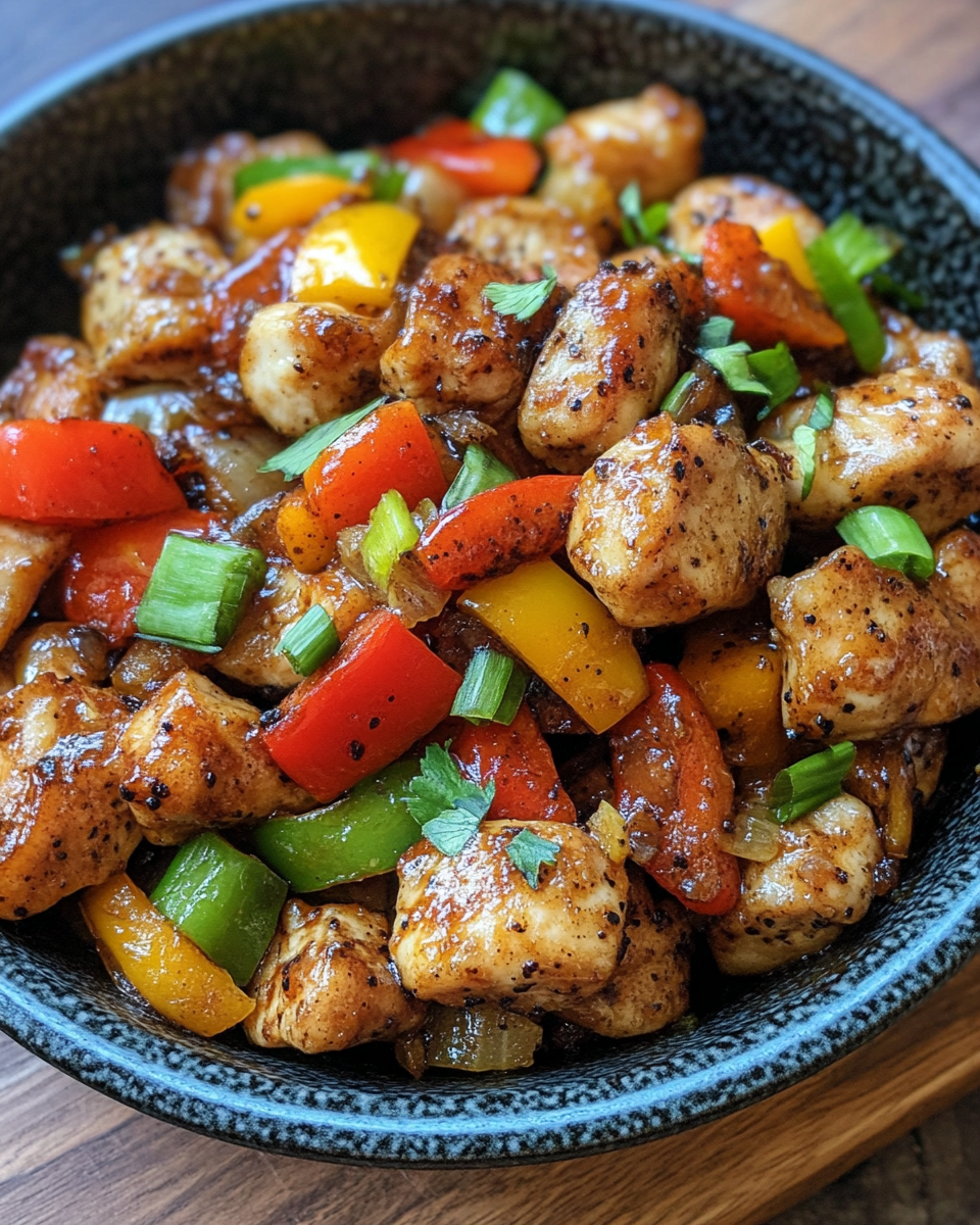 Close up of black pepper chicken in a skillet