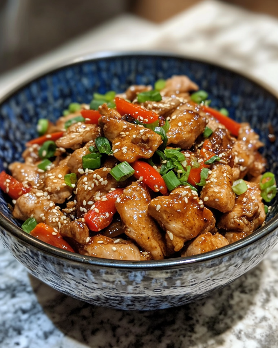 Plated chicken bulgogi with sesame seeds garnish