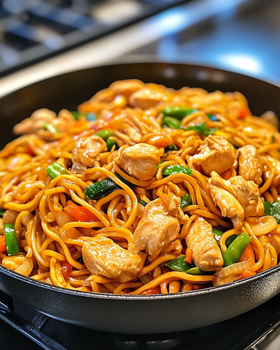 Final served Chicken Lo Mein with garnish