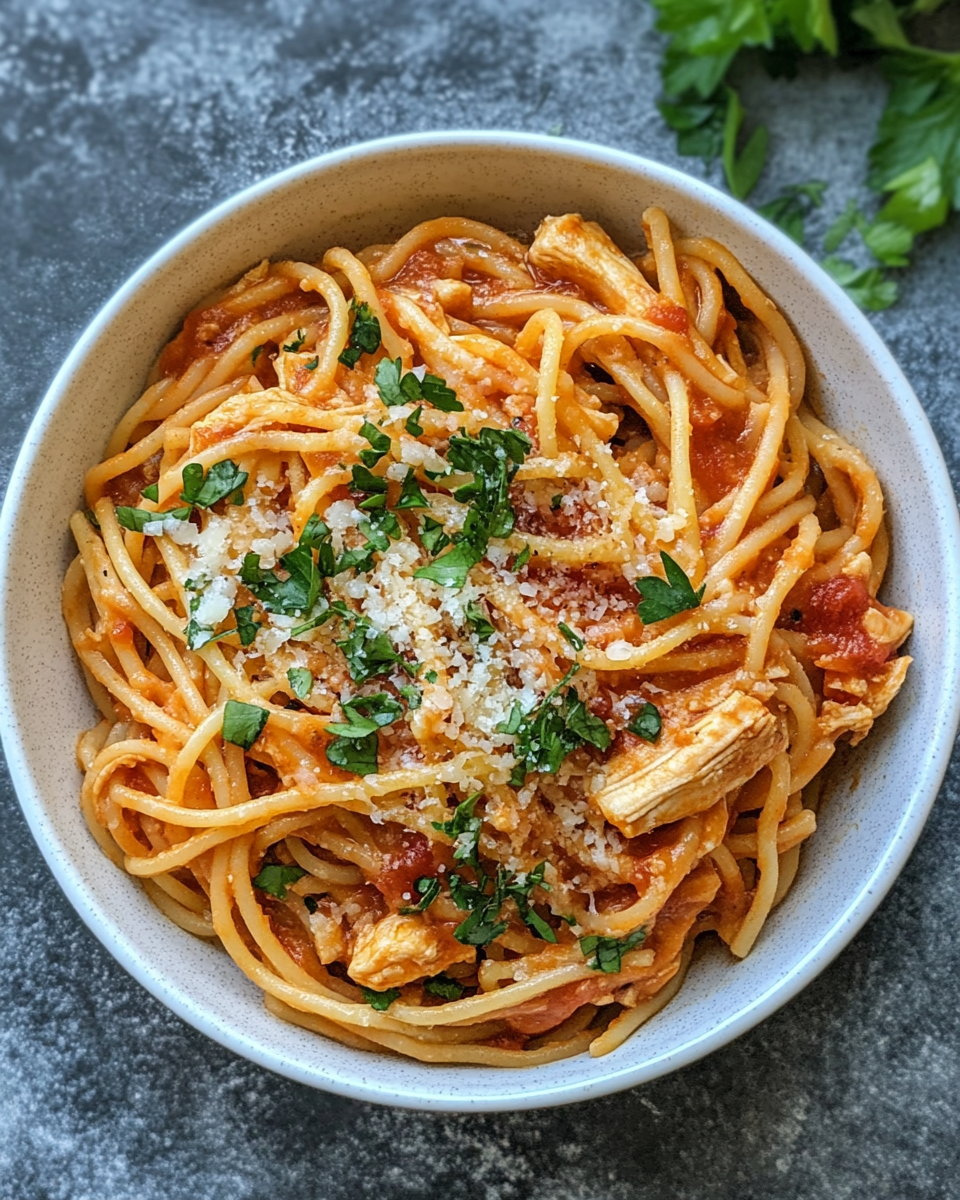 Easy Crockpot Chicken Spaghetti in white bowl