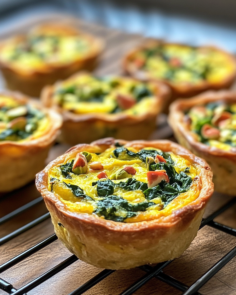 Vegan mini quiches with tofu, spinach, and pistachios