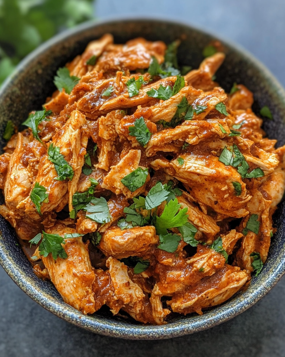Shredded honey chipotle chicken ready for serving tacos