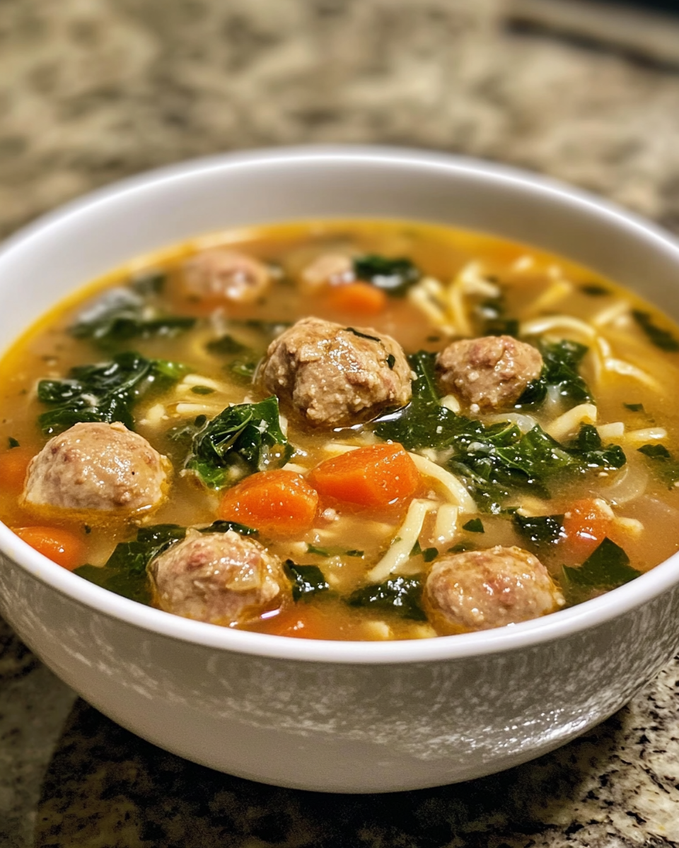 Close up of Italian wedding soup with meatballs and pasta