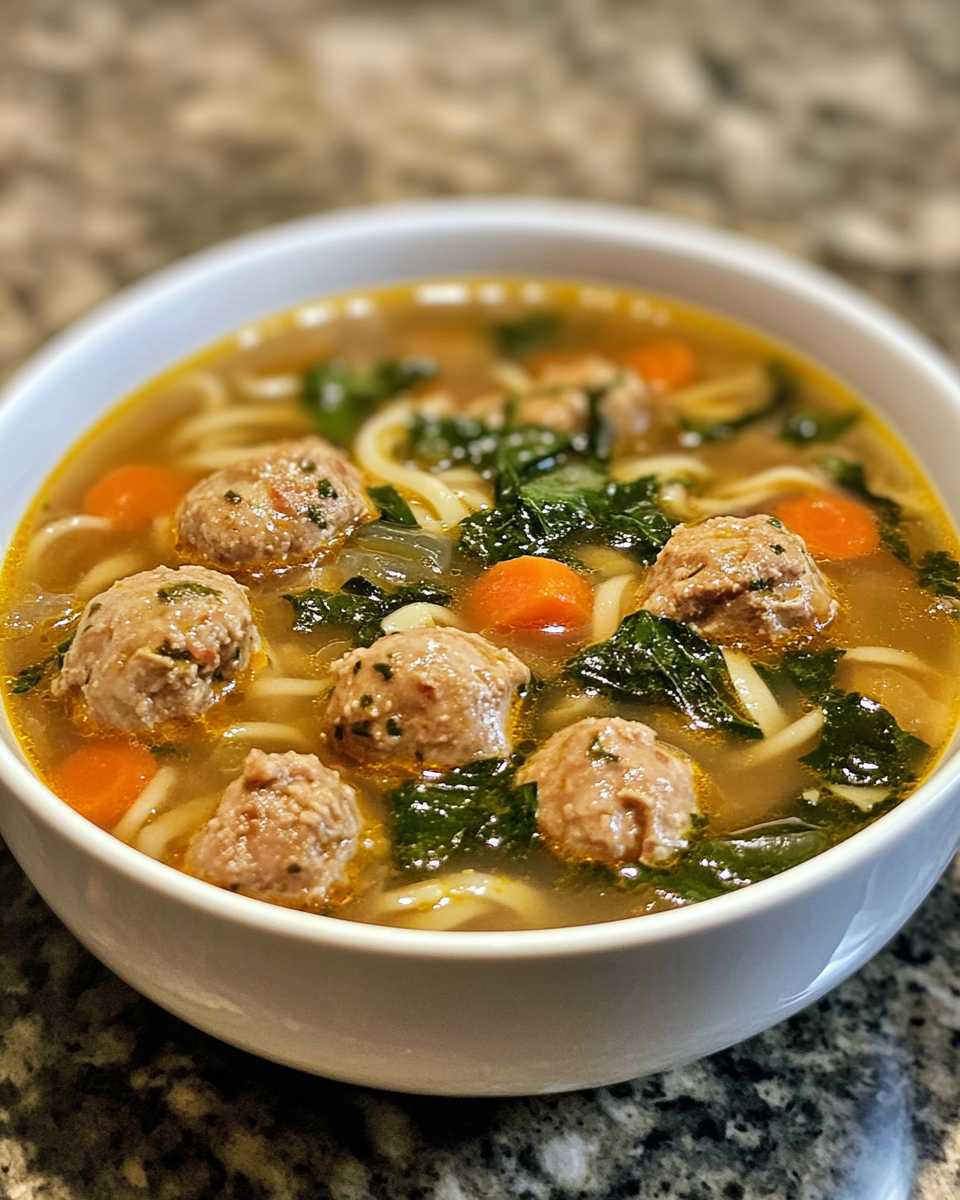 Bowl of Italian wedding soup served with Parmesan and parsley