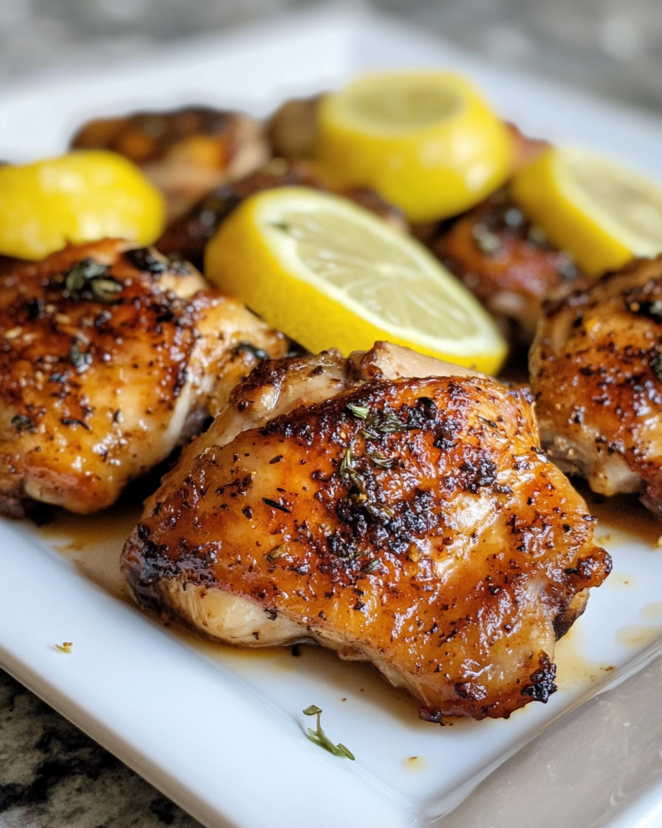 Crispy roasted lemon paprika chicken thighs on plate