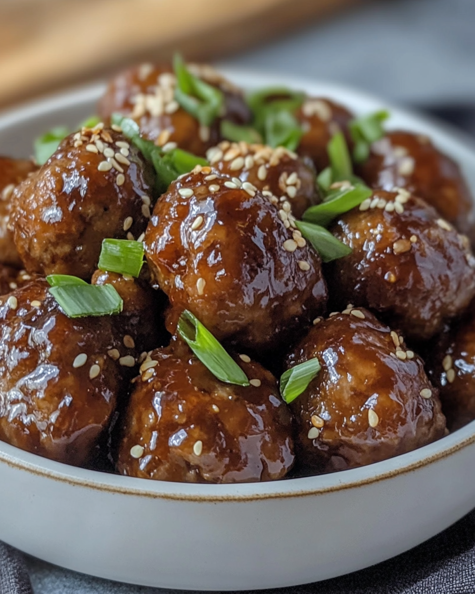 Finished Mongolian meatballs plated with broccoli and sesame