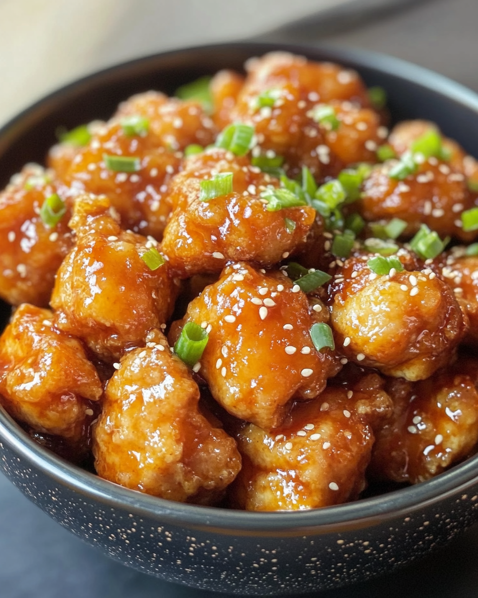 Orange chicken cooking in skillet
