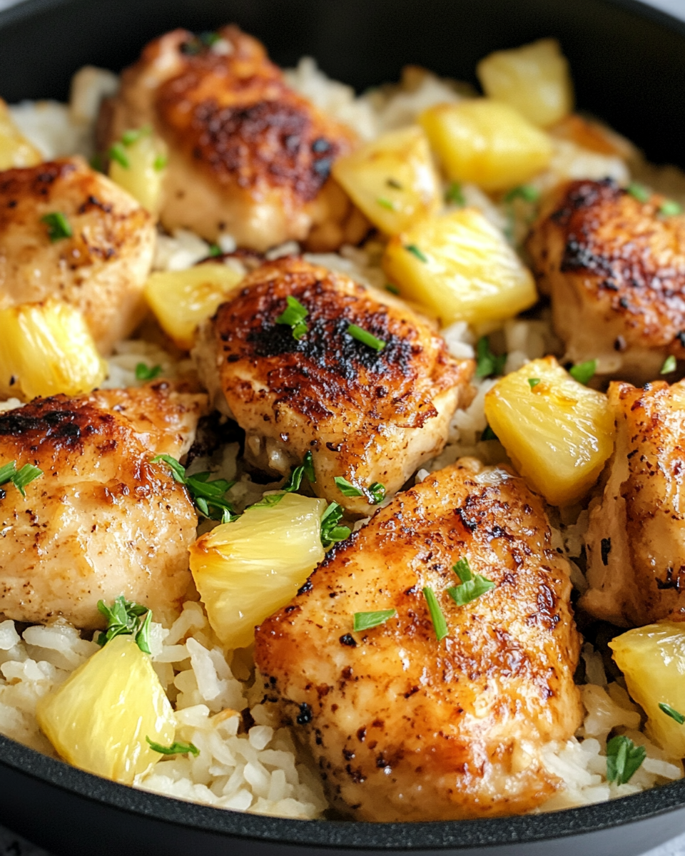 Easy pineapple chicken with rice in a skillet