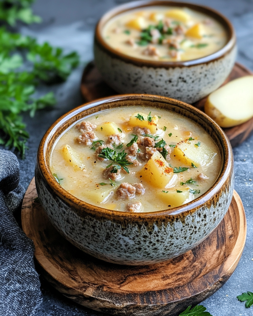 Ingredients for sausage potato soup laid out on a kitchen counter