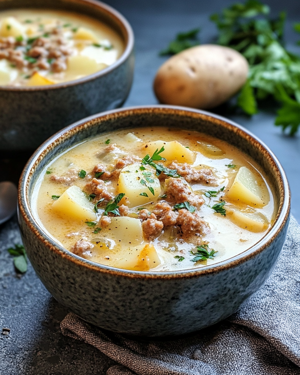 Sweet sausage potato soup in a bowl with steam rising