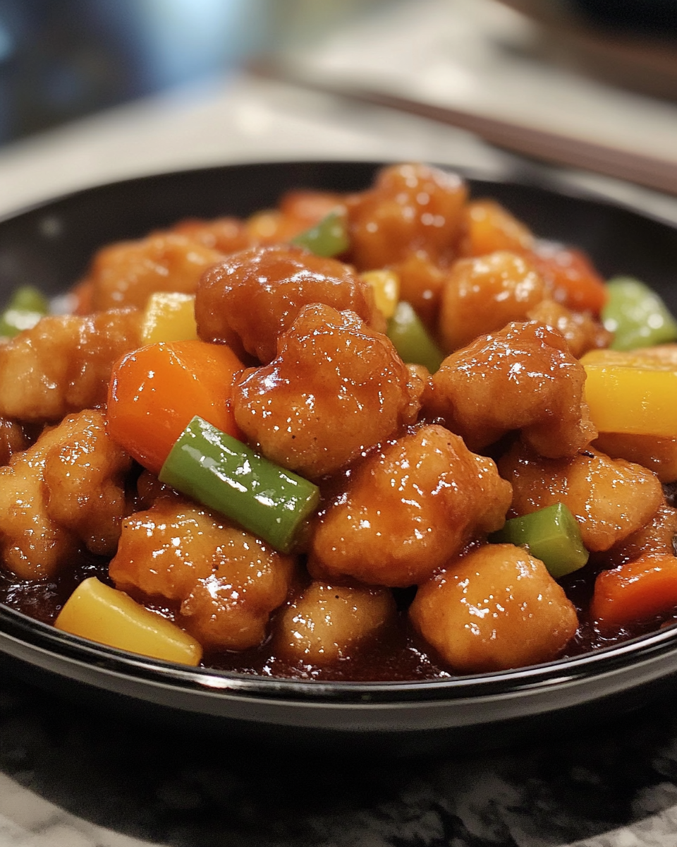 Sweet and sour chicken in baking dish