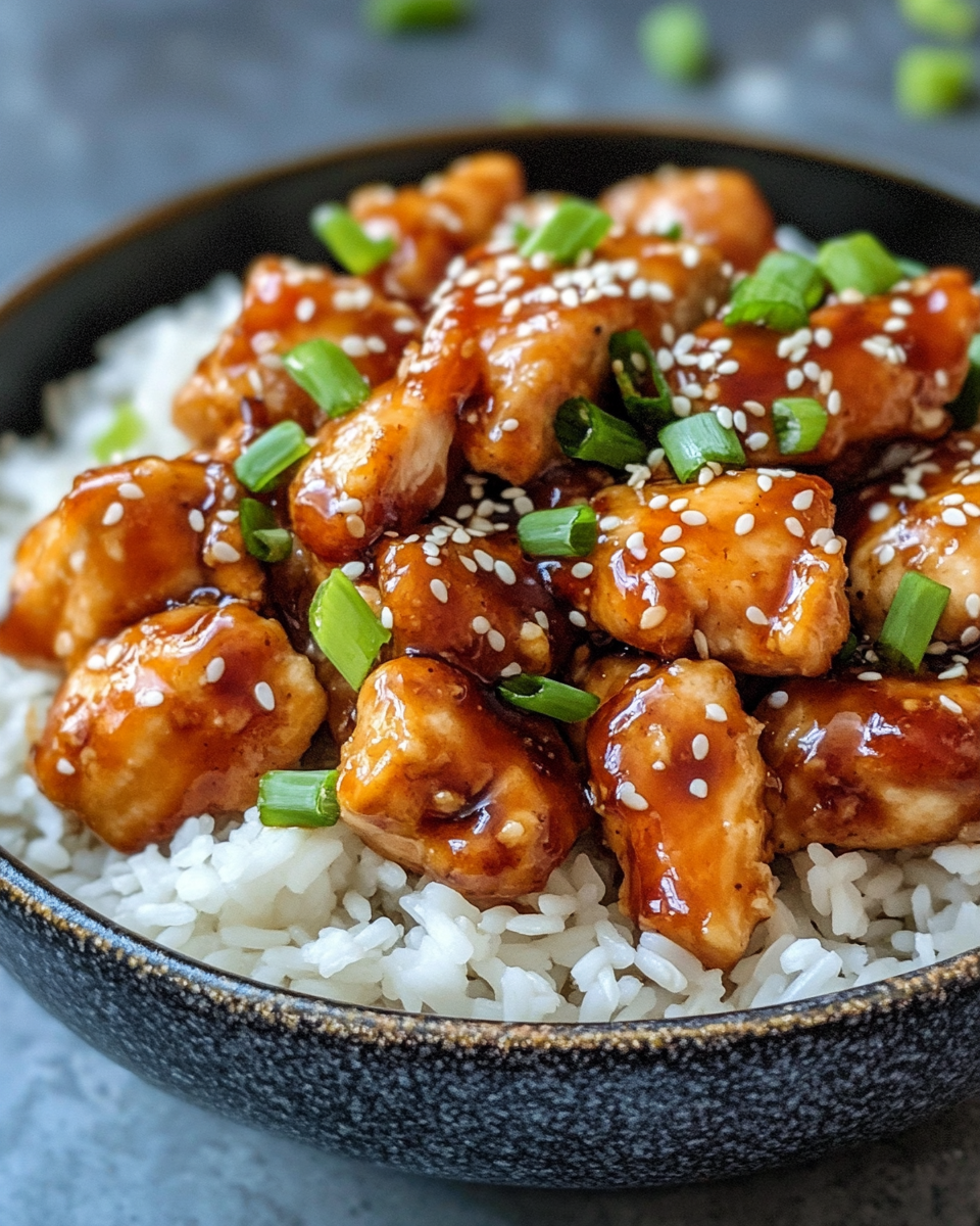 Plate of teriyaki chicken garnished with green onions and sesame seeds