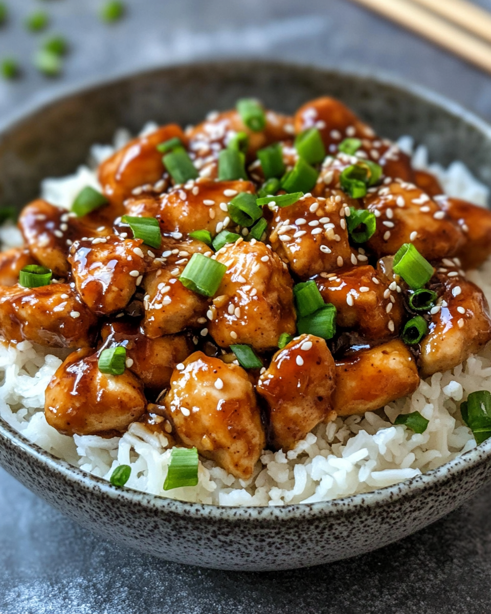 Forkful of tender teriyaki chicken with sauce