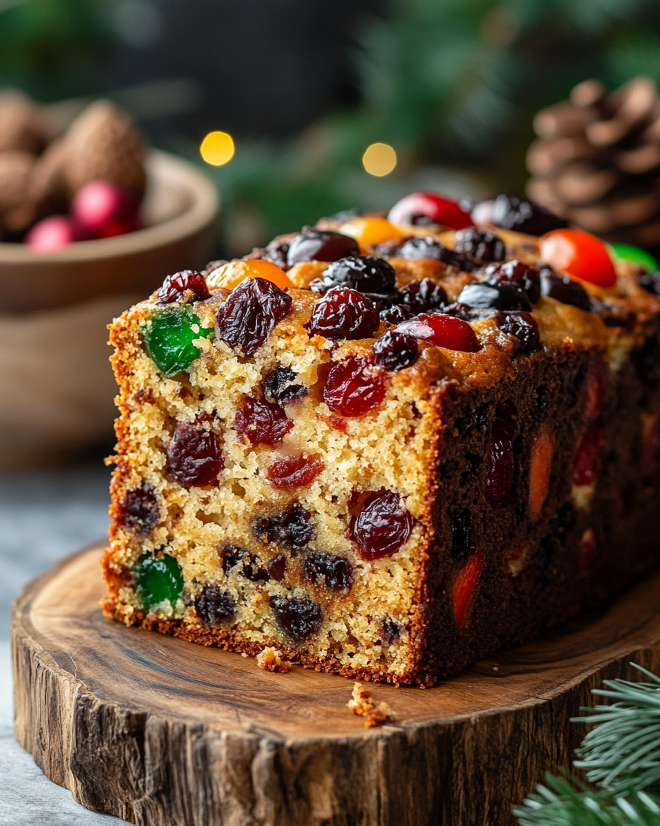 Moist traditional fruitcake in loaf pan
