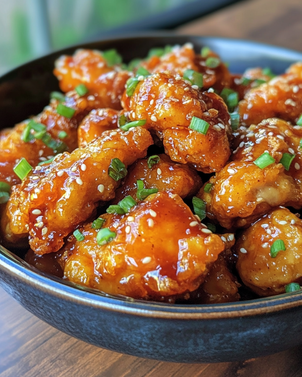 Finished crispy orange chicken plated and garnished