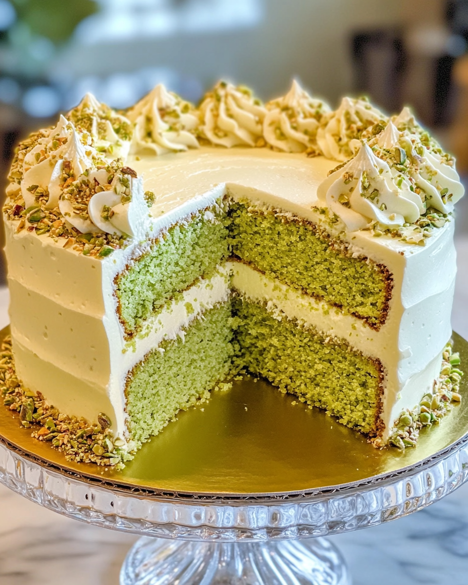 Creamy pistachio cake frosted with cream cheese and decorated with berries