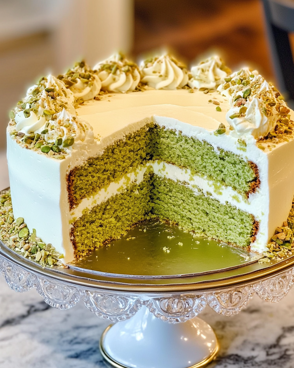 Sliced pistachio cake served on a plate with garnish