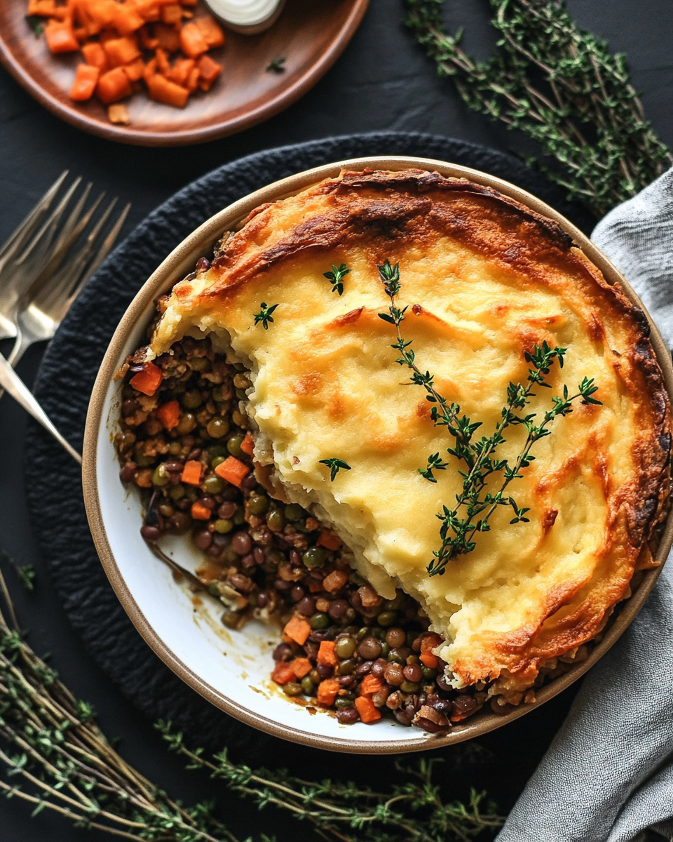 Finished vegetable shepherd's pie with golden mashed potato topping