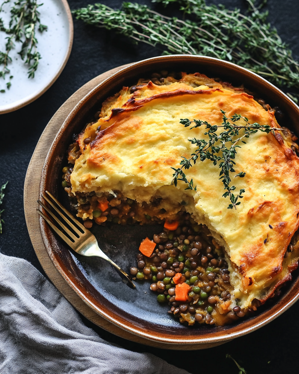 Cozy Lentil Shepherd's Pie Served in Dish