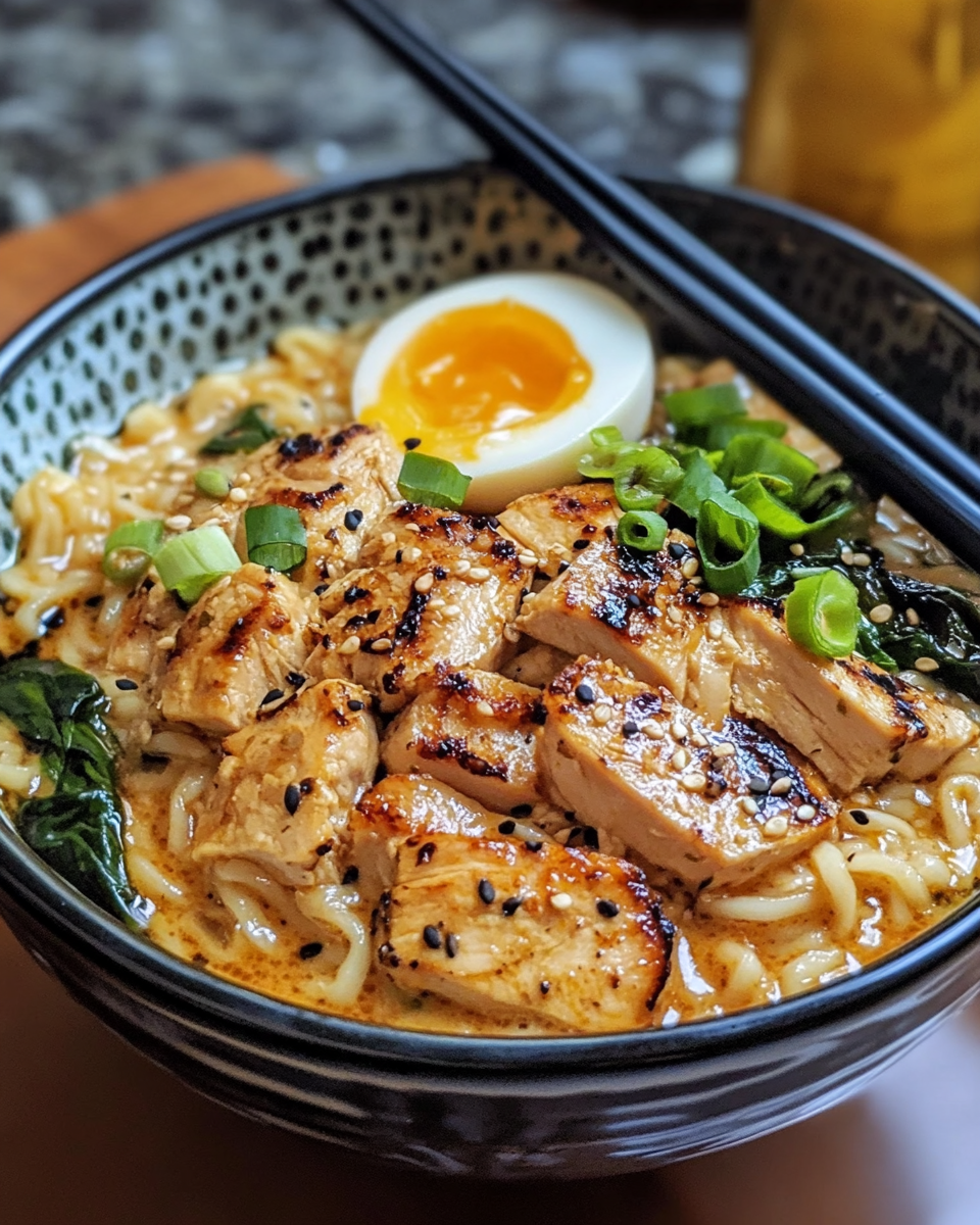 Final plated ramen with green onions and chili oil