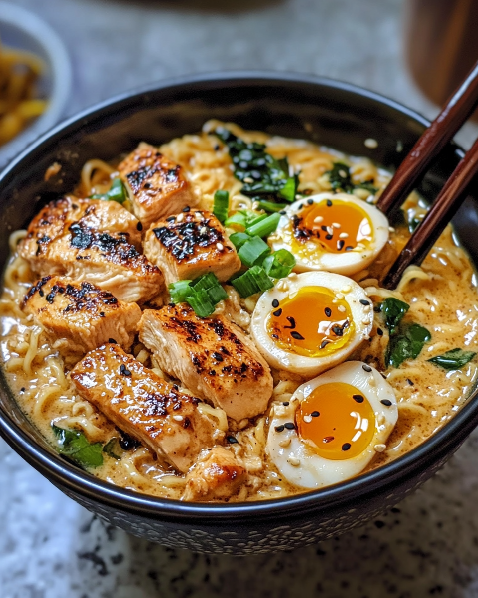 Fiery chicken ramen with creamy garlic sauce