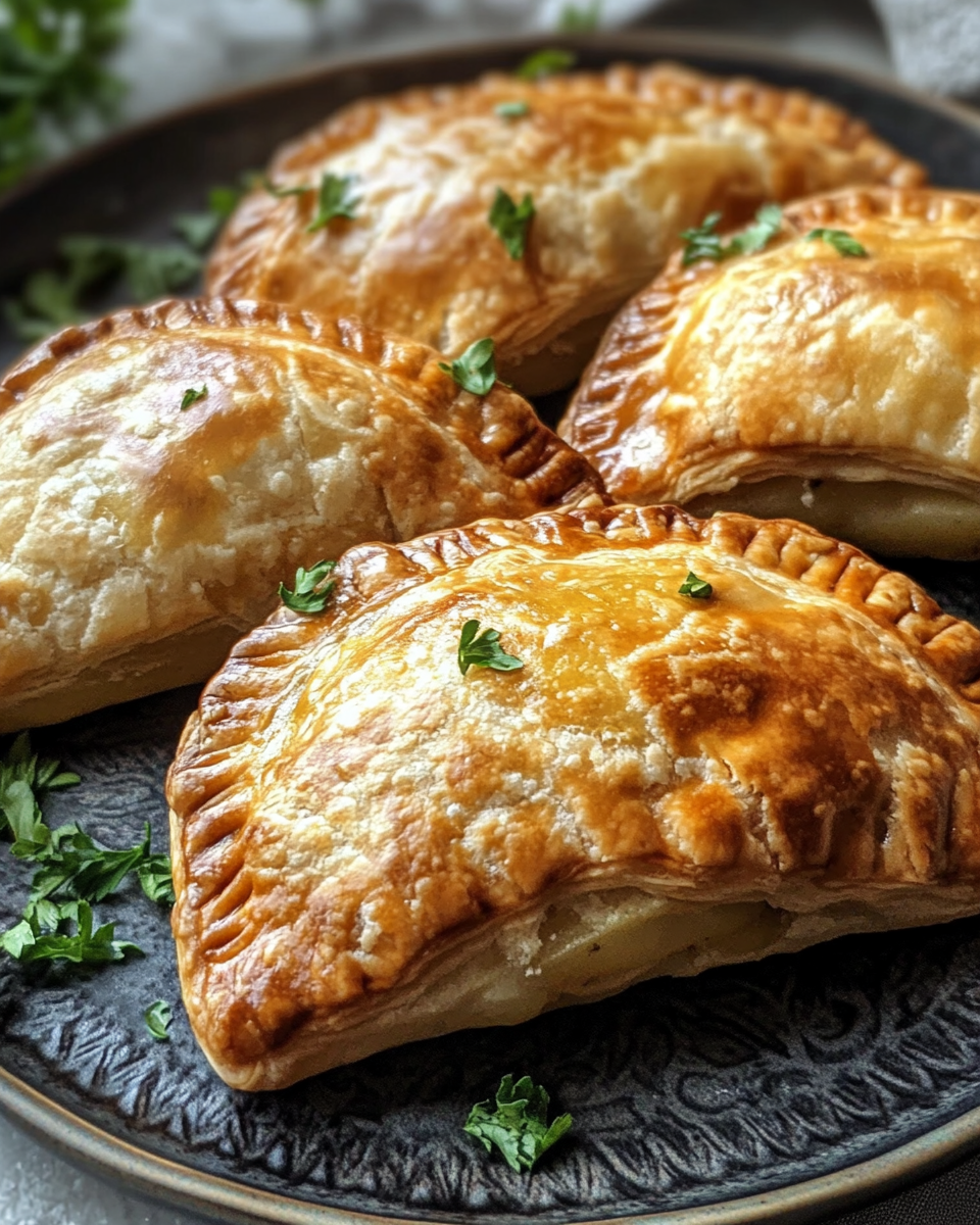 Golden brown crispy potato onion hand pies close-up