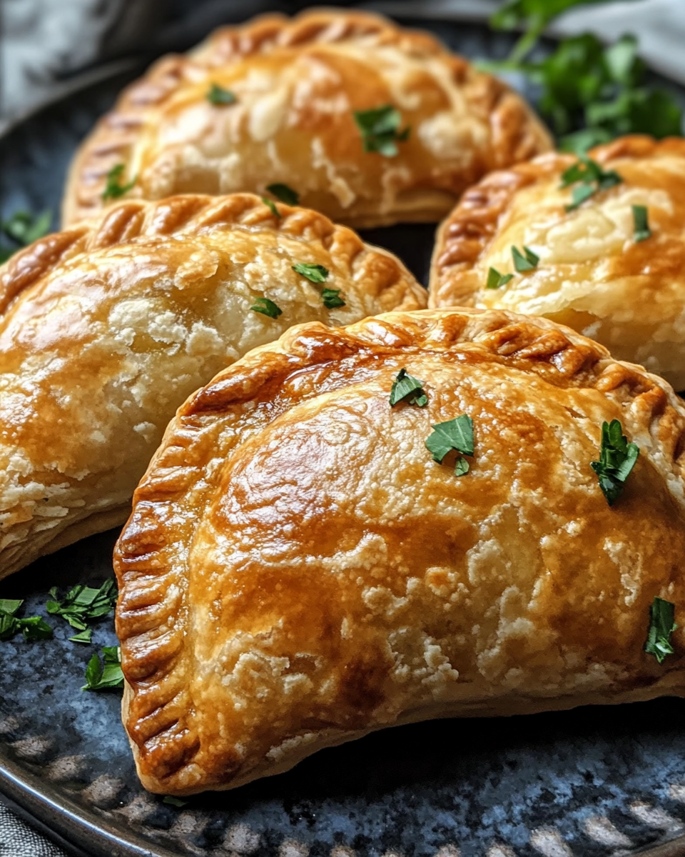 Flaky vegan potato onion hand pies on a plate