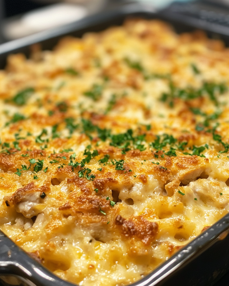 Chicken casserole after baking with rice and onion soup crust