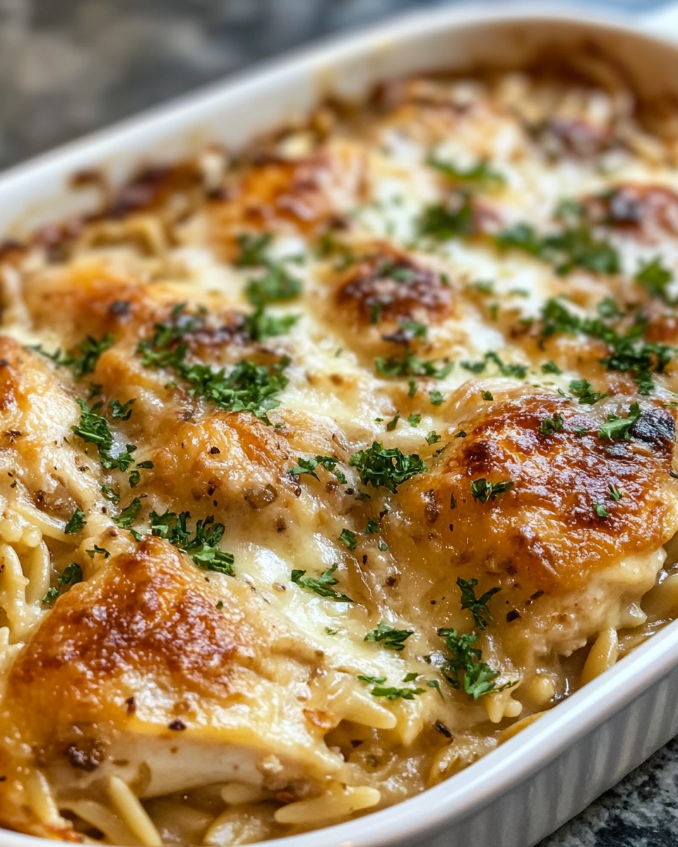 Ingredients laid out for French onion chicken orzo casserole