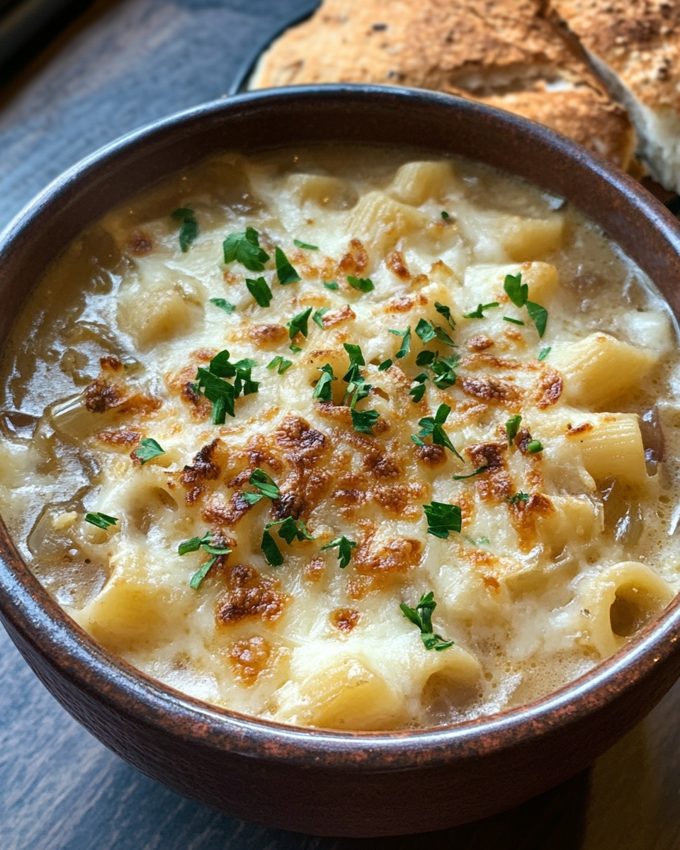Ingredients for French onion pasta laid out