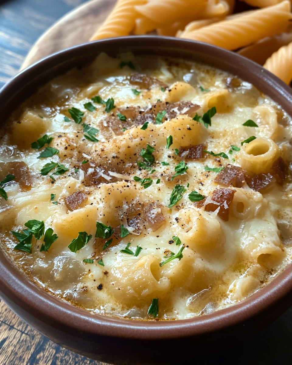 Ready to eat French onion pasta with Gruyere cheese melted