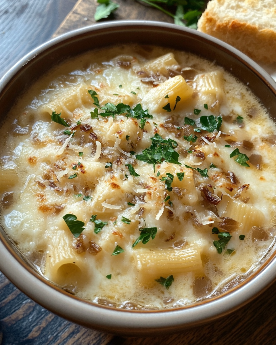 Bowl of French onion pasta soup with caramelized onions