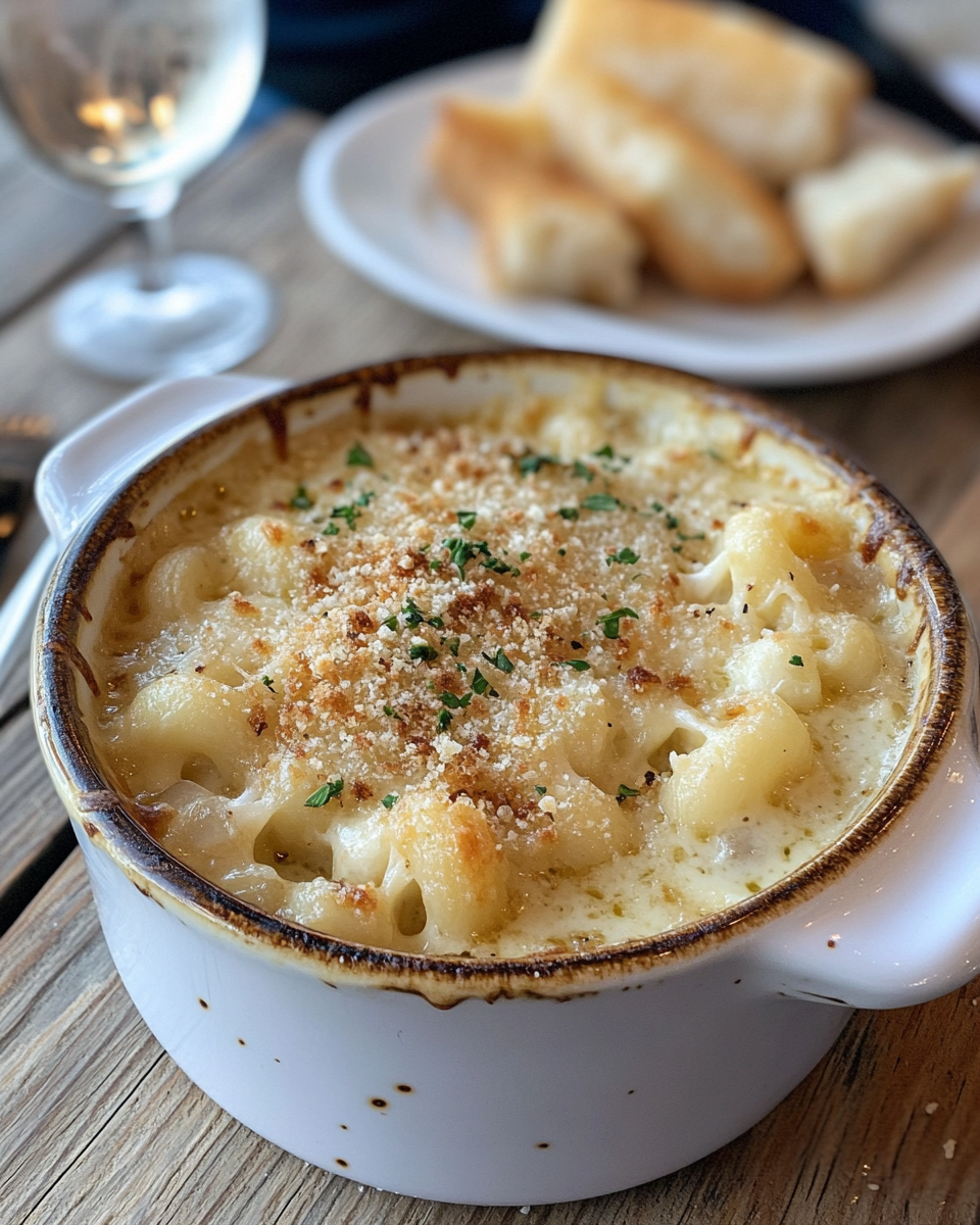 French Onion Mac and Cheese in a bowl with melted cheese topping