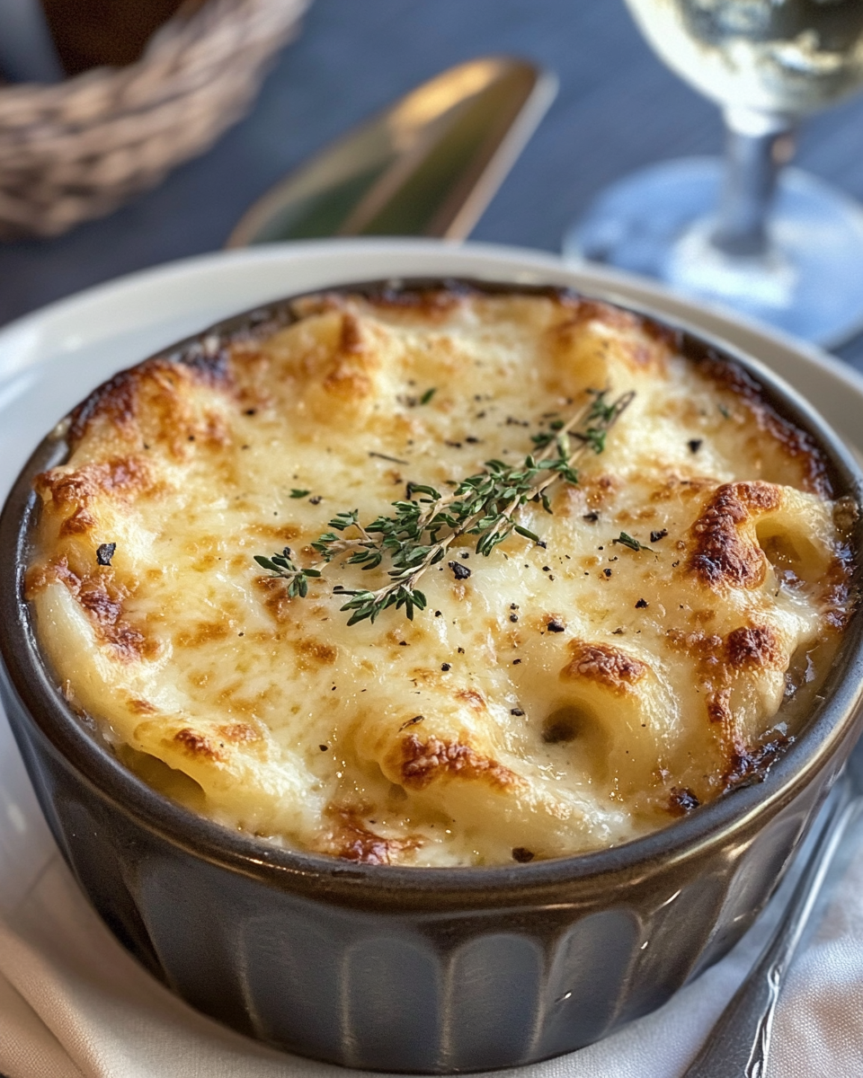 Final creamy French onion soup pasta dish served