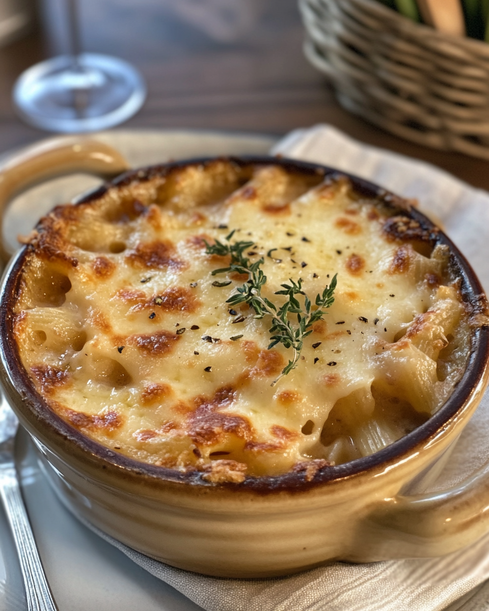 Creamy French onion soup pasta with Gruyère cheese