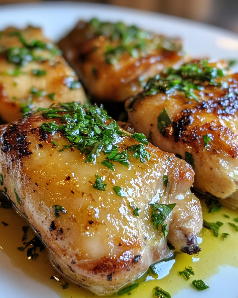 Glazed garlic butter chicken in a skillet with herbs