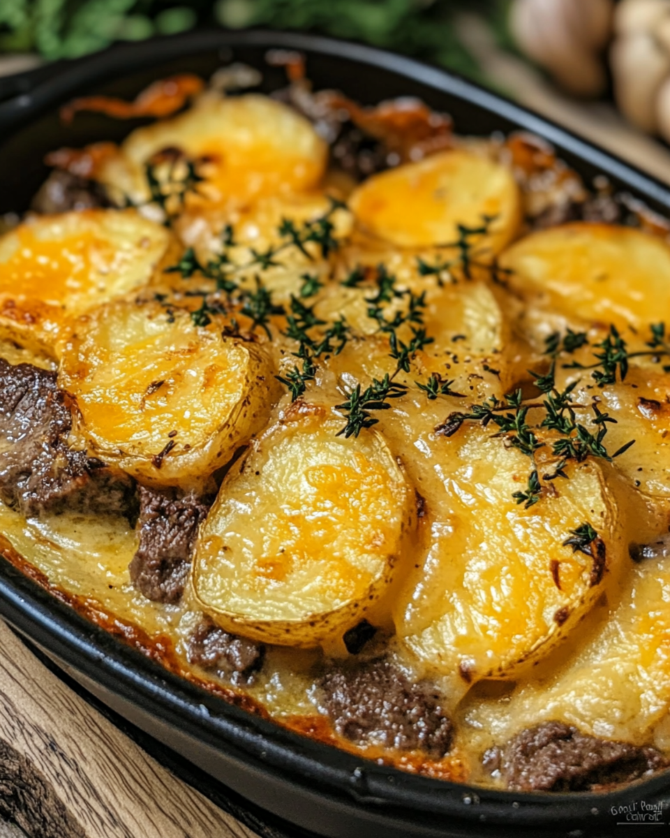 Golden top and creamy layers of garlic butter potato bake