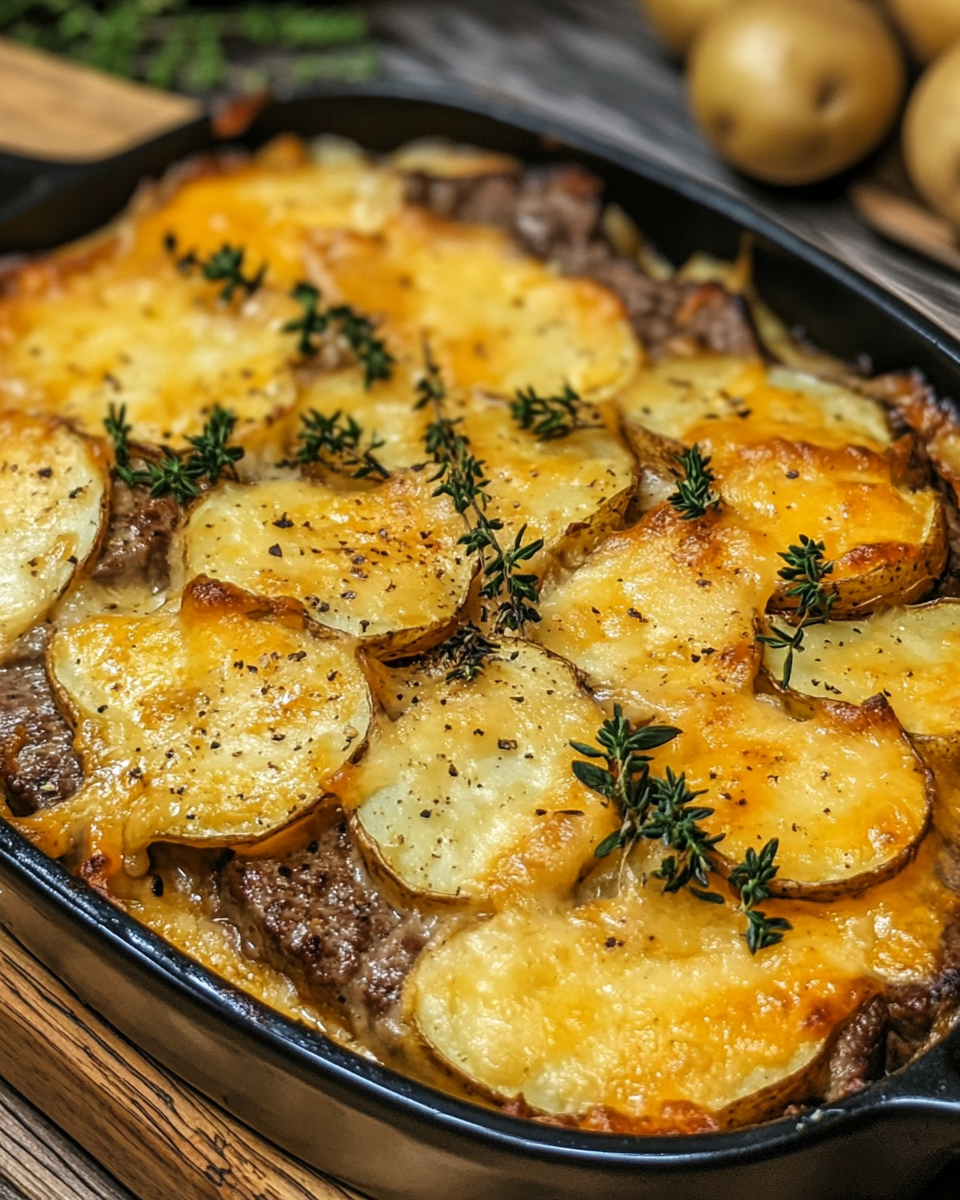 Garlic butter steak cheddar potato bake creamy delicious