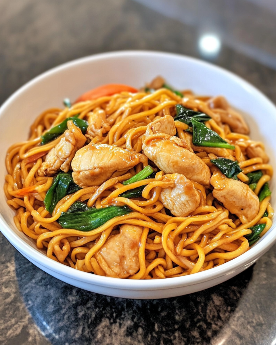 Garlic chicken lo mein in a bowl