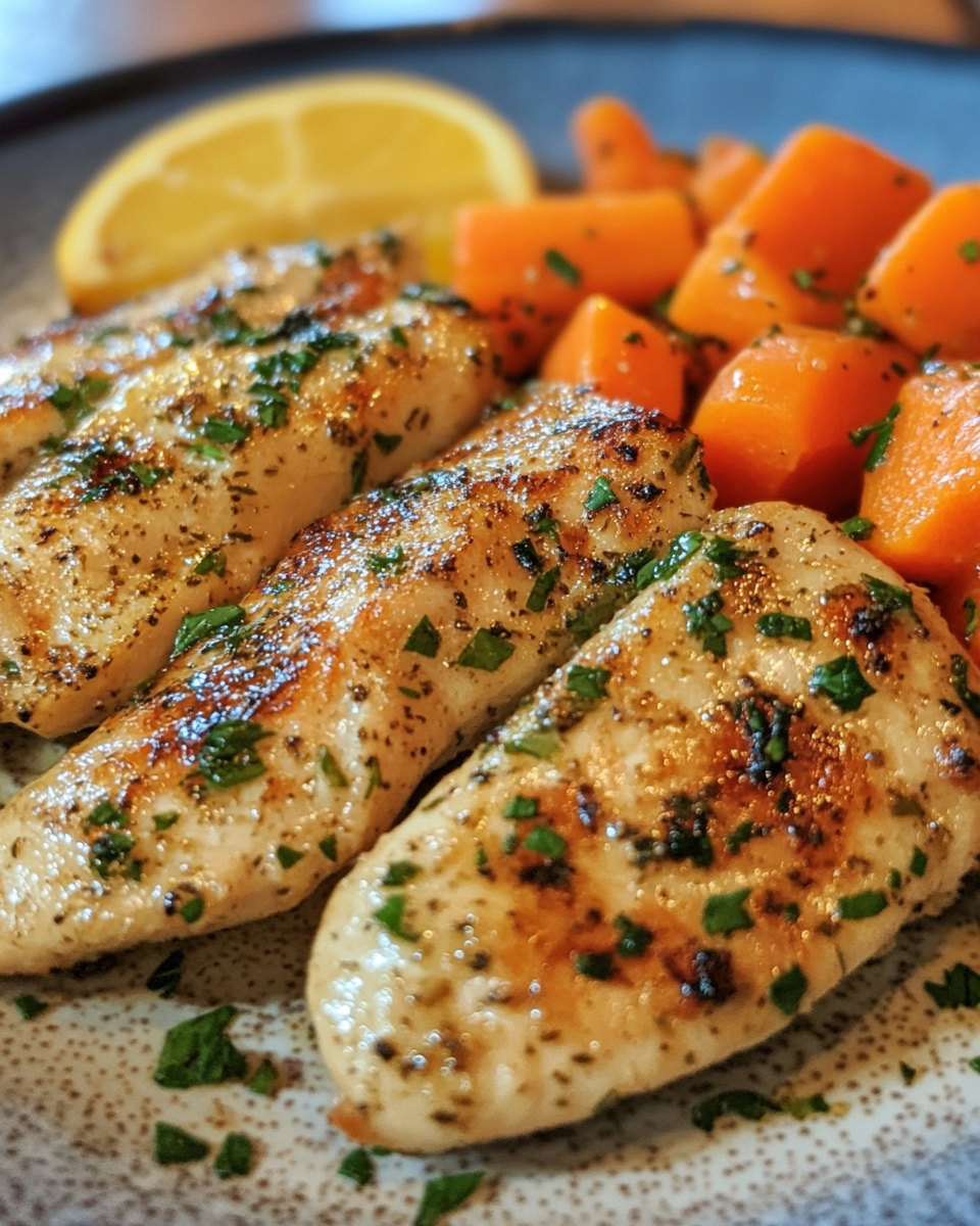 Served garlic herb chicken with carrots on a rustic table