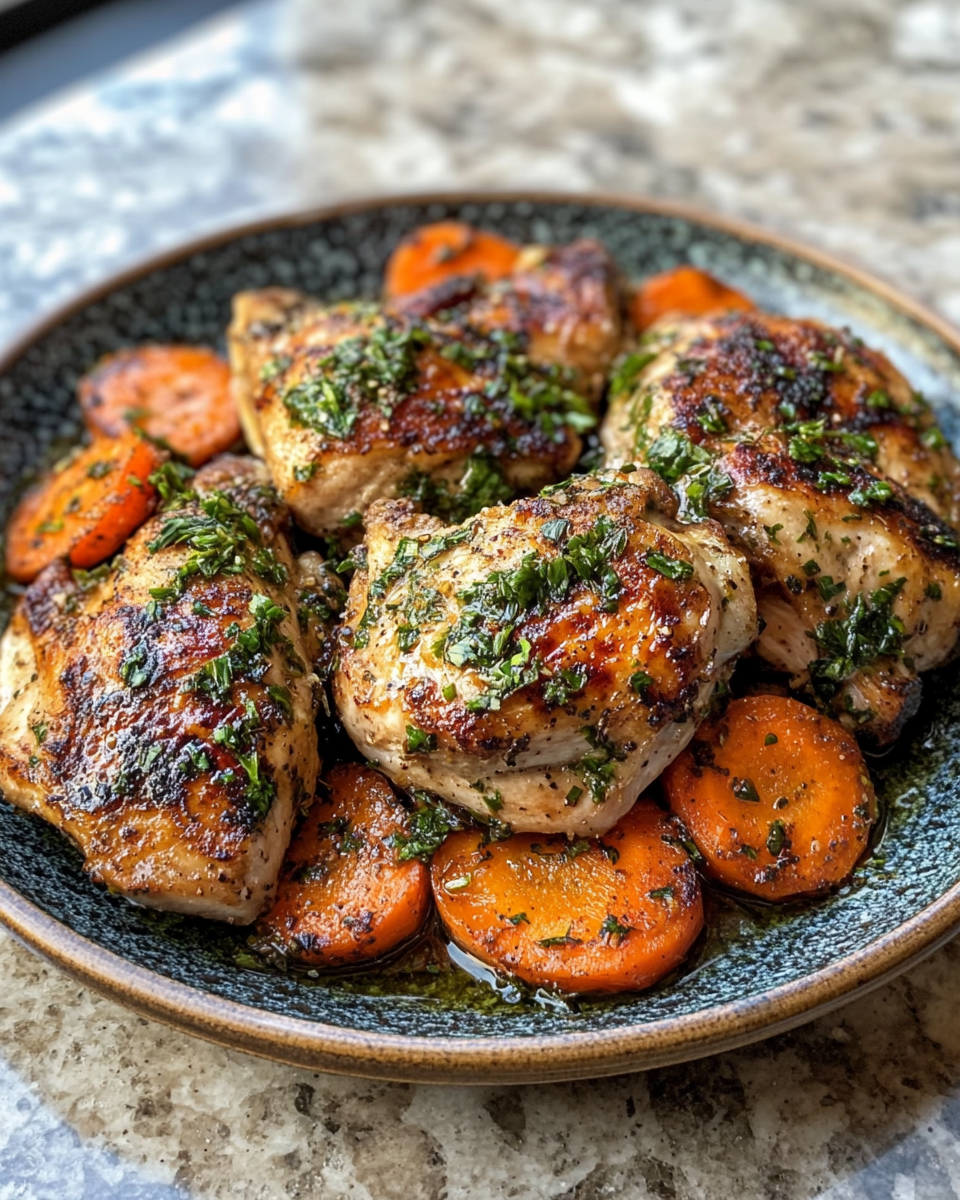 Plate of pressure cooker chicken with carrot purée topped with brown butter and thyme garnish
