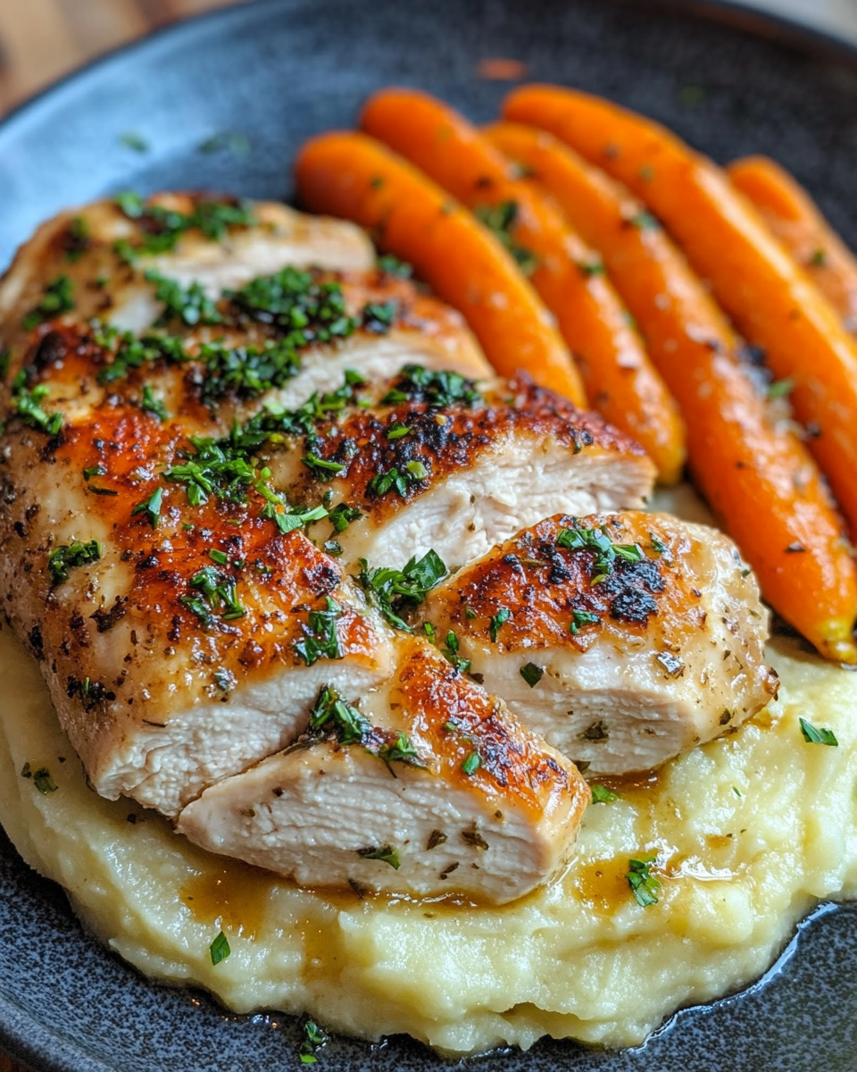 Step by step garlic herb chicken with creamy mash and roasted carrots