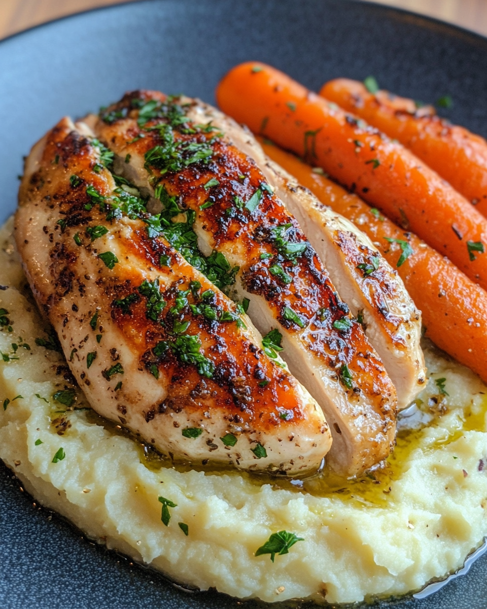 Final dish of garlic herb chicken with creamy mash and roasted carrots plated