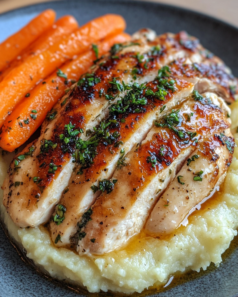 Garlic herb chicken with creamy mash and roasted carrots