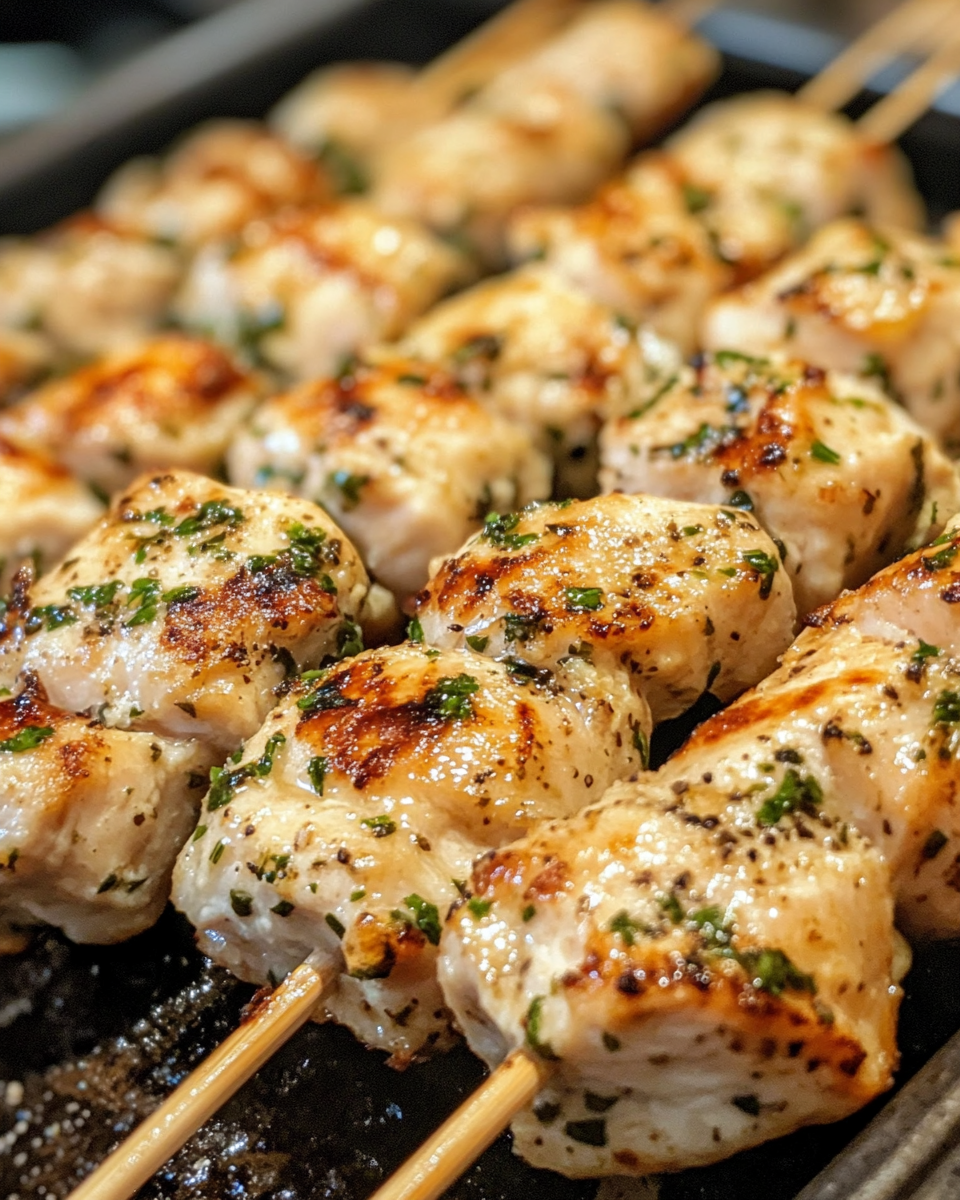 Cooked chicken skewers with garnish and lemon slices