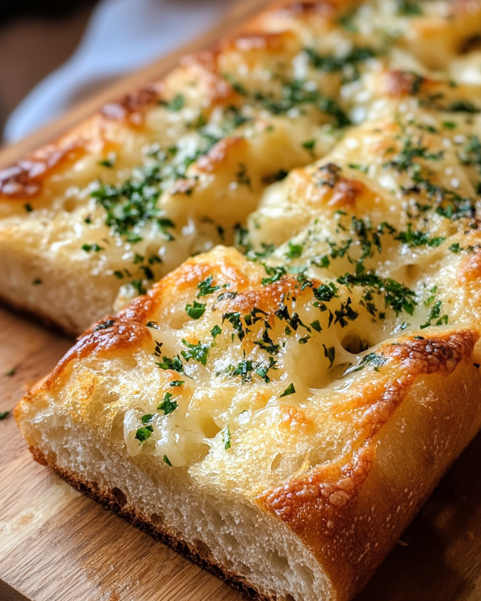 Garlic parmesan herb bread in a loaf pan with golden crust