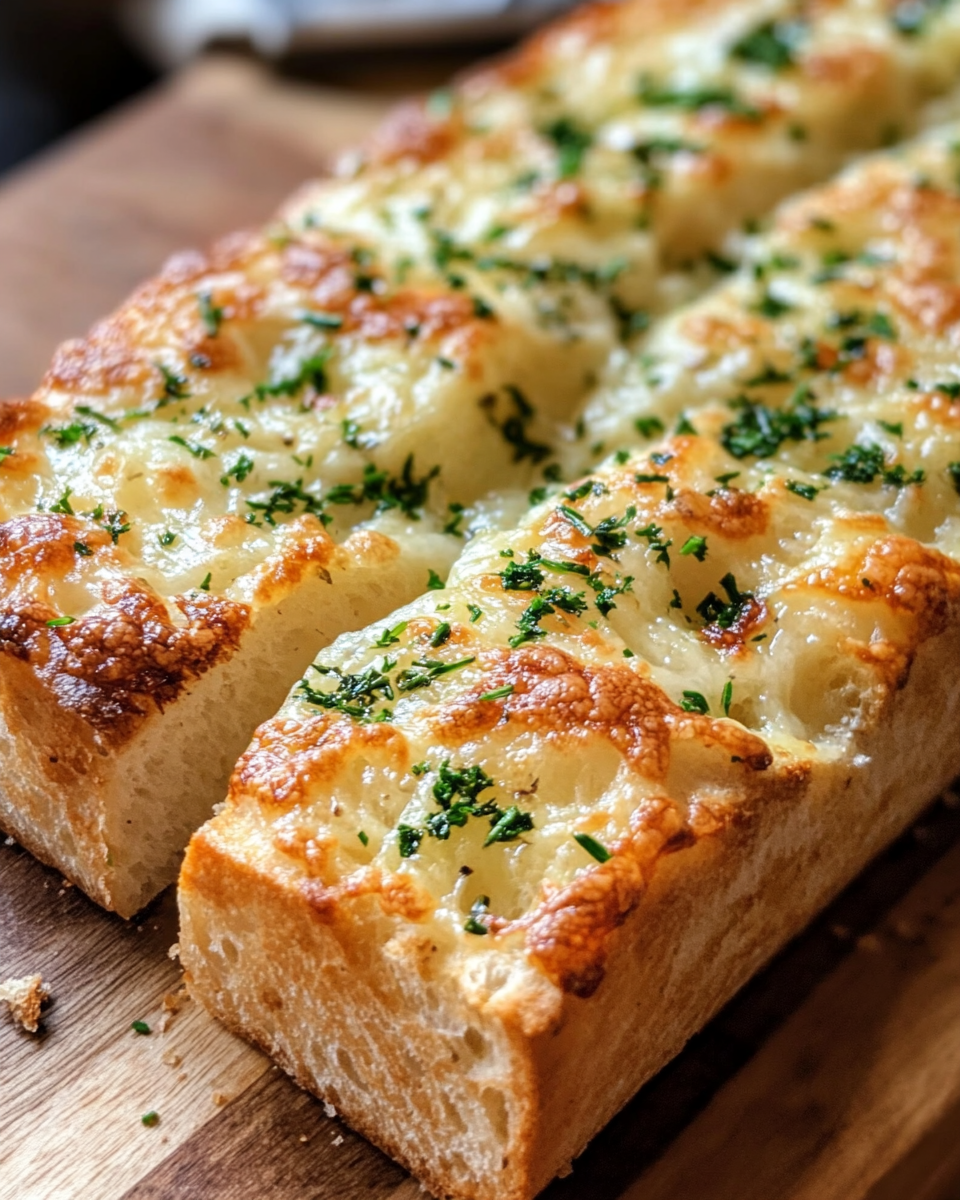 Cheesy garlic herb bread slice showing soft fluffy inside and crispy crust