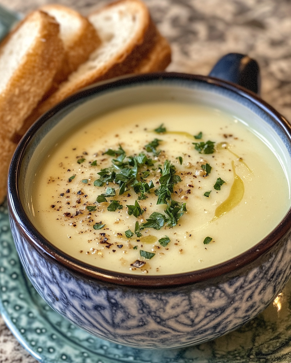Comforting bowl of garlic soup with parmesan